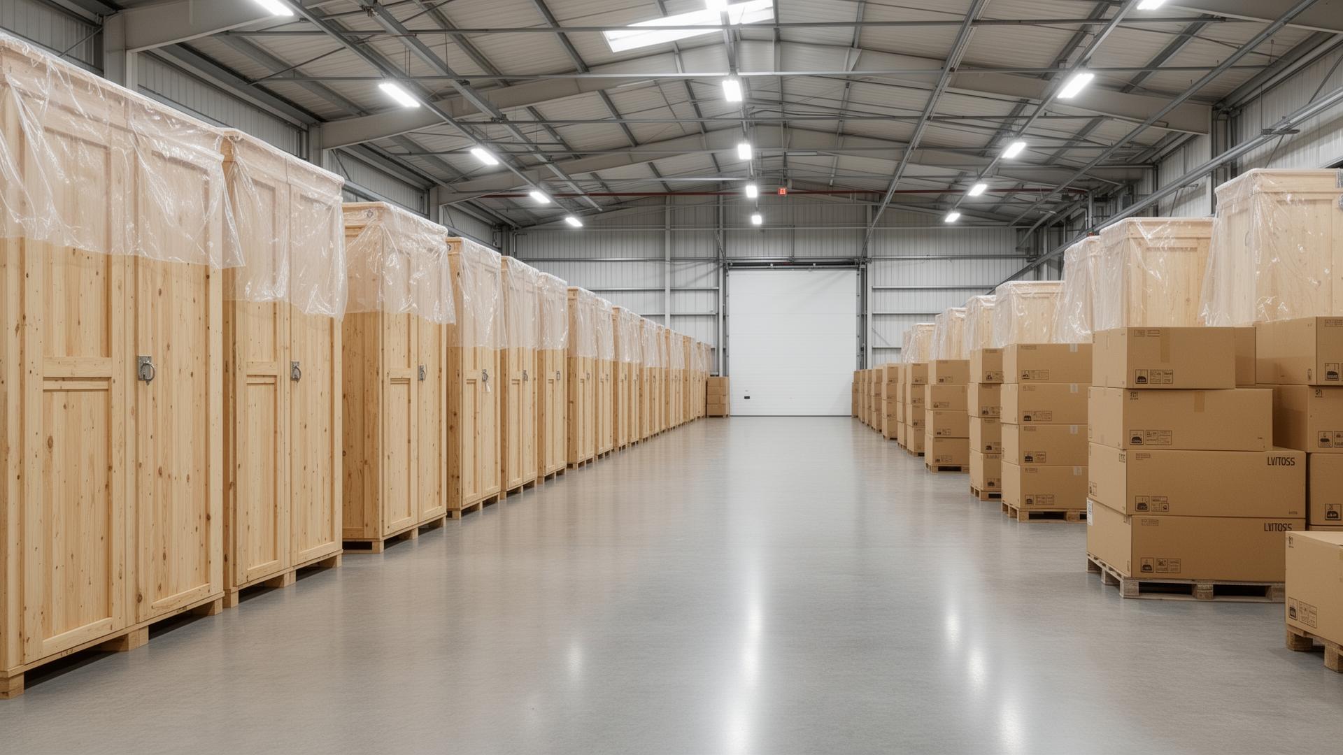Entrepôt sécurisé garde-meubles AZ Mobilité avec box individuels en bois et protection des biens